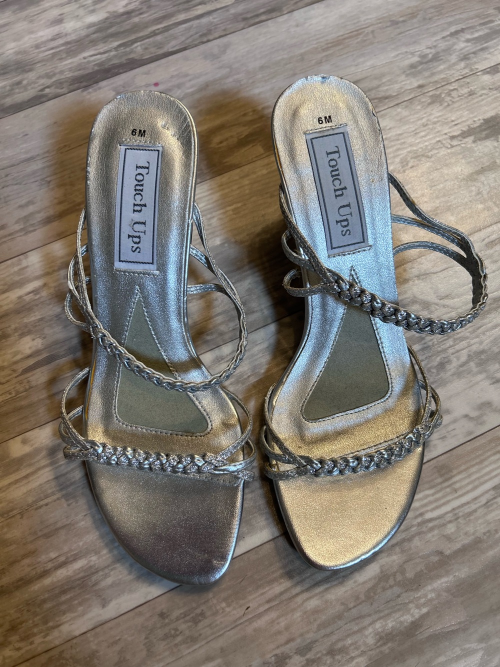 Touch Ups Metallic Silver Braided Strap Heels Size 6